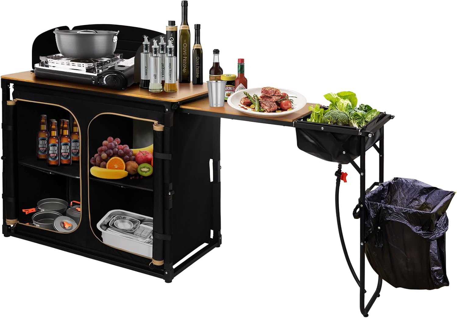 Camping Cooking Table With Windshield - Bamboe Camp Kitchen Station Opvouwbare Overland