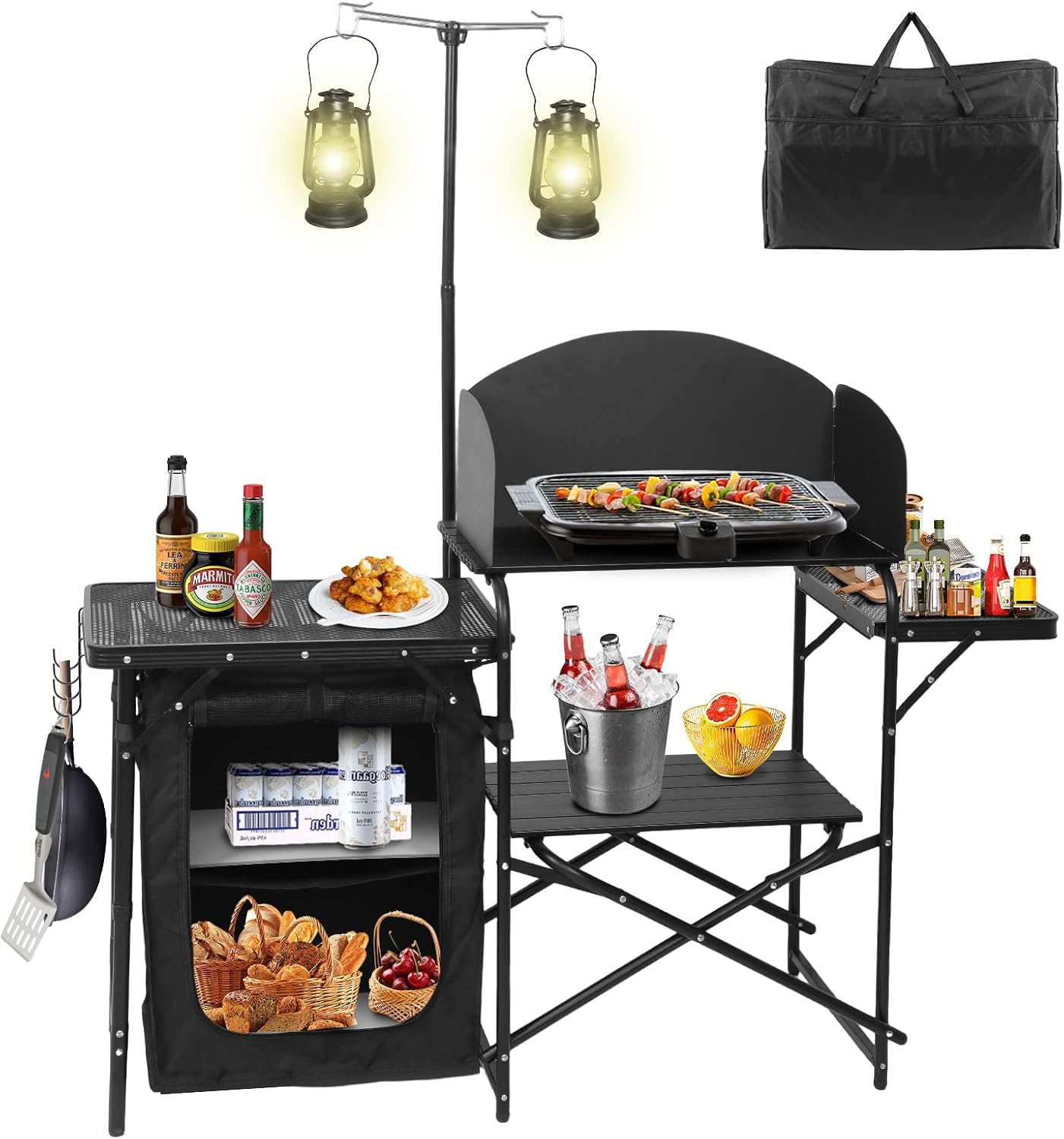 Camping Cooking Table With Windshield - Draagbare opvouwbare campingkeuken met lampenstandaard en