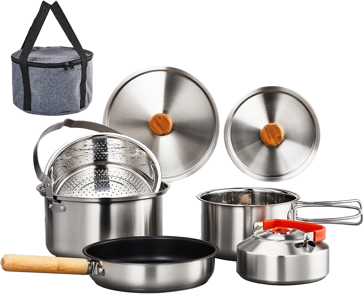 Camping Cooking Bag - 6-delige kookgereiset, 304 roestvrij staal, lichtgewicht,